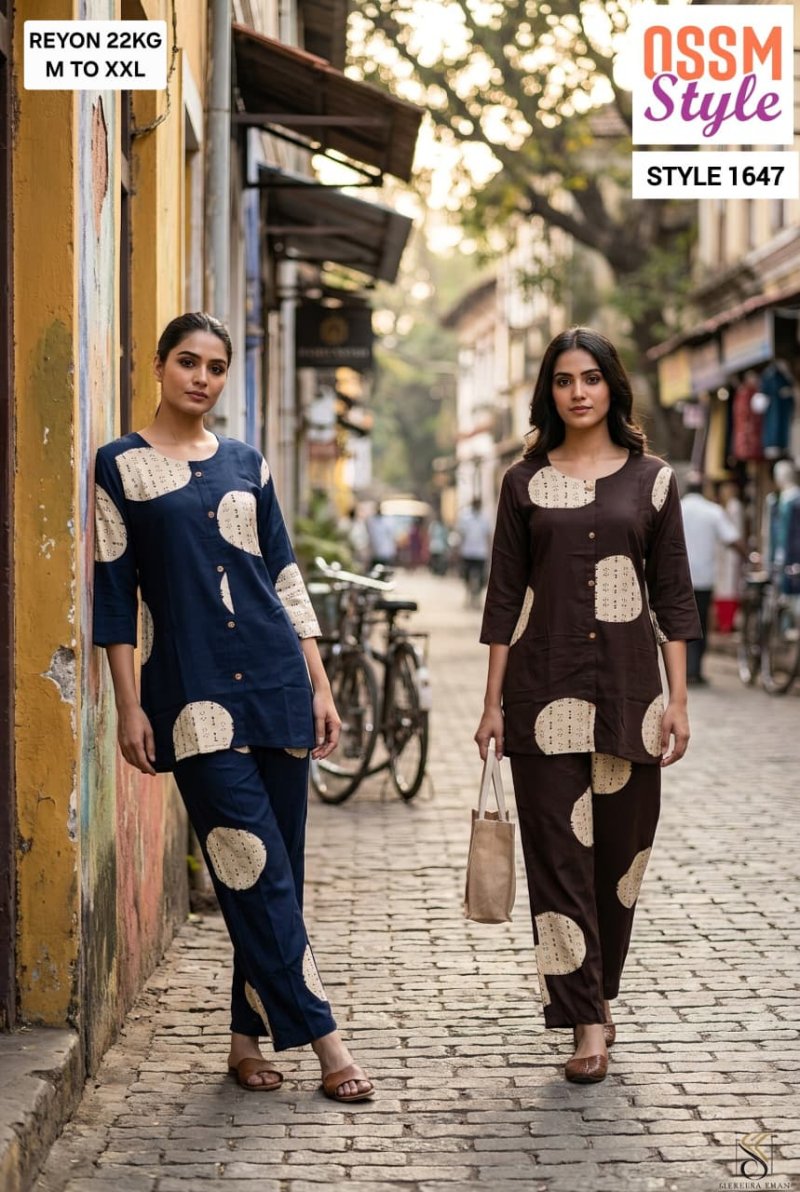 1647 By Ossm Style Reyon Discharge Printed Co Ord Set 